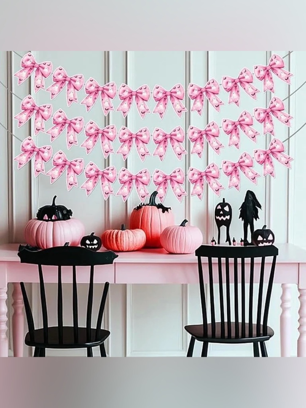 3Pcs Halloween Pink Bow Garland Gothic Banner Boo Ghost & Spooky Bat Decoration
